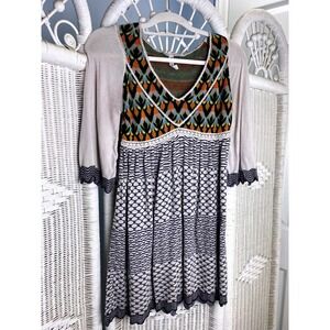 Free People Fair Isle Boho Knit Sweater Dress Crochet Trim Texture Fall Layering